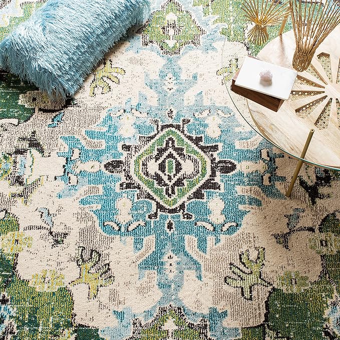 SAFAVIEH Monaco Collection Area Rug - 5'1" x 7'7", Forest Green & Light Blue, Medallion Distressed Design, Non-Shedding & Easy Care, Ideal for High Traffic Areas in Living Room, Bedroom (MNC243F)
