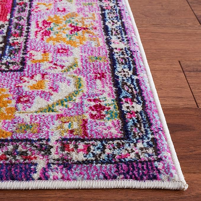 SAFAVIEH Monaco Collection Area Rug - 5' Square, Violet & Fuchsia, Boho Chic Medallion Distressed Design, Non-Shedding & Easy Care, Ideal for High Traffic Areas in Living Room, Bedroom (MNC243P)