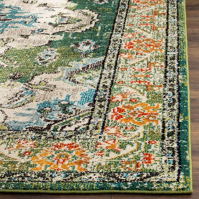 SAFAVIEH Monaco Collection Area Rug - 6'7" Square, Forest Green & Light Blue, Medallion Distressed Design, Non-Shedding & Easy Care, Ideal for High Traffic Areas in Living Room, Bedroom (MNC243F)