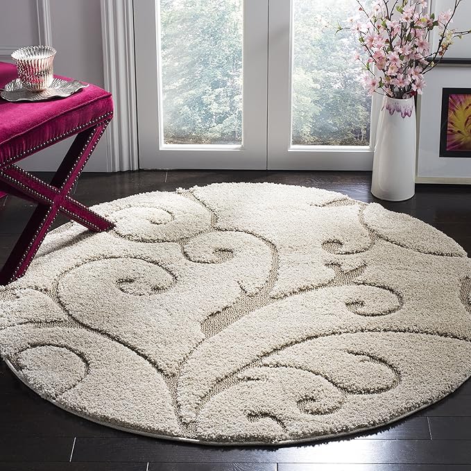 SAFAVIEH Florida Shag Collection 10' Round Cream/Beige SG455 Scrolling Vine Graceful Swirl Textured Non-Shedding Living Room Bedroom Dining Room Entryway Plush 1.2-inch Thick Area Rug