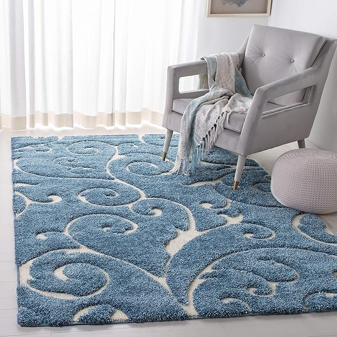 SAFAVIEH Florida Shag Collection Area Rug - 5'3" x 7'6", Light Blue & Cream, Scroll Design, Non-Shedding & Easy Care, 1.2-inch Thick Ideal for High Traffic Areas in Living Room, Bedroom (SG455-6011)