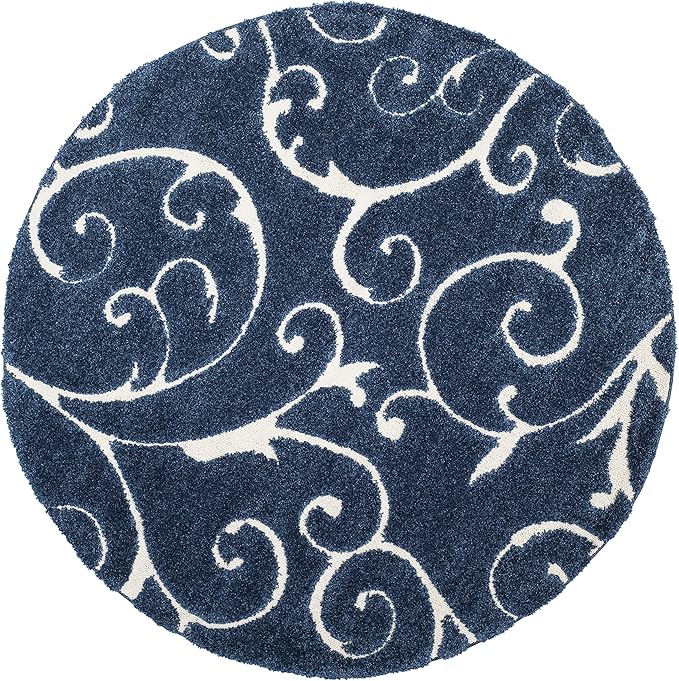 SAFAVIEH Florida Shag Collection Area Rug - 4' Square, Dark Blue & Cream, Scroll Design, Non-Shedding & Easy Care, 1.2-inch Thick Ideal for High Traffic Areas in Living Room, Bedroom (SG455-6511)