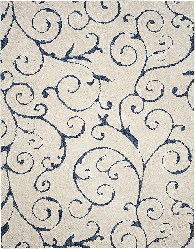 SAFAVIEH Florida Shag Collection Area Rug - 9'6" x 13', Cream & Blue, Scroll Design, Non-Shedding & Easy Care, 1.2-inch Thick Ideal for High Traffic Areas in Living Room, Bedroom (SG455-1165)
