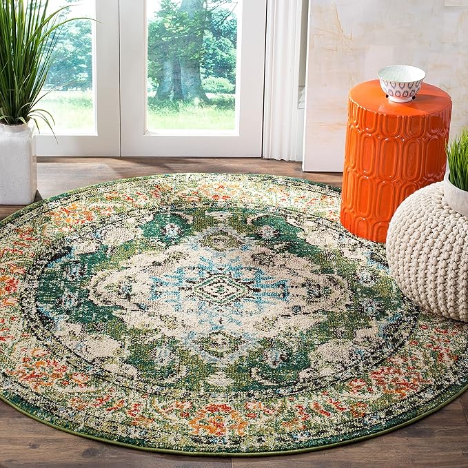 SAFAVIEH Monaco Collection Area Rug - 4' Round, Forest Green & Light Blue, Boho Medallion Distressed Design, Non-Shedding & Easy Care, Ideal for High Traffic Areas in Living Room, Bedroom (MNC243F)