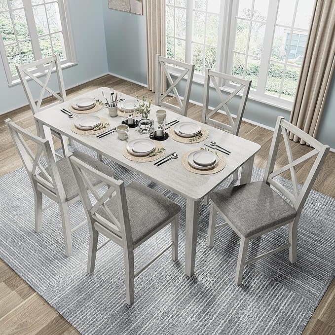 7-Piece Solid Wood Dining Table Set for 6, Modern Breakfast Dinette Kitchen Table with Chairs for Dining Room, Kitchen, Grey