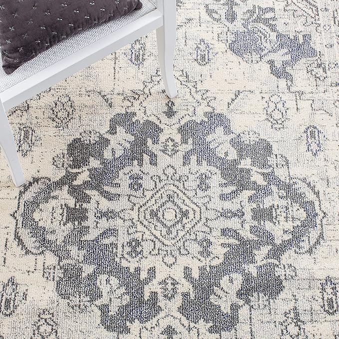 SAFAVIEH Monaco Collection Area Rug - 6'7" Square, Ivory & Grey, Boho Chic Medallion Distressed Design, Non-Shedding & Easy Care, Ideal for High Traffic Areas in Living Room, Bedroom (MNC243B)