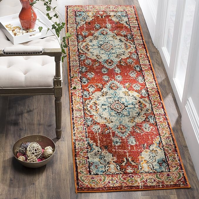 SAFAVIEH Monaco Collection 2'2" x 6' Orange Light Blue MNC243H Boho Chic Medallion Distressed Non-Shedding Living Room Entryway Foyer Hallway Bedroom Runner Rug