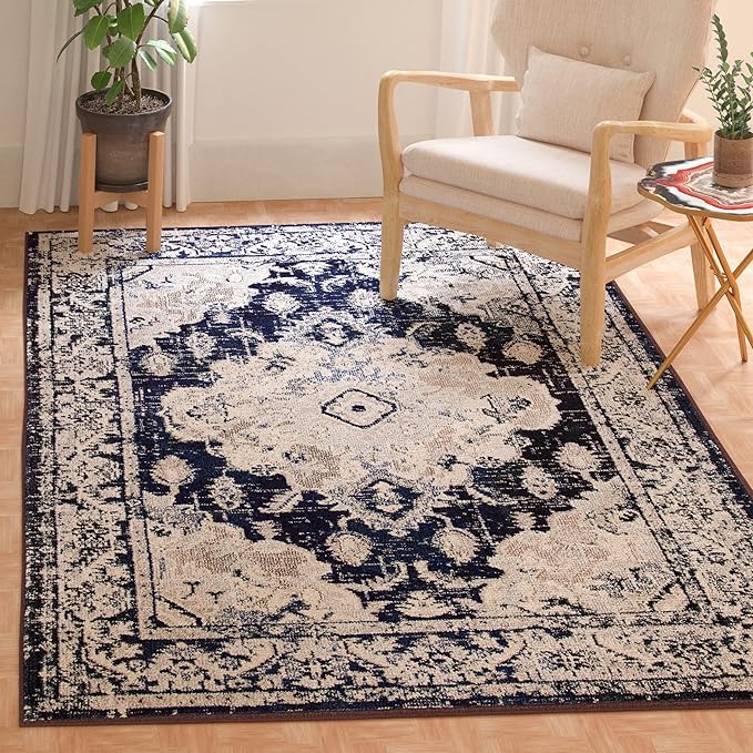 SAFAVIEH Monaco Collection Accent Rug - 3' x 5', Ivory & Navy, Boho Chic Medallion Distressed Design, Non-Shedding & Easy Care, Ideal for High Traffic Areas in Entryway, Living Room, Bedroom (MNC243C)