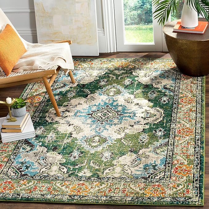 SAFAVIEH Monaco Collection Accent Rug - 4' x 5'7", Forest Green & Light Blue, Boho Medallion Design, Non-Shedding & Easy Care, Ideal for High Traffic Areas in Entryway, Living Room, Bedroom (MNC243F)