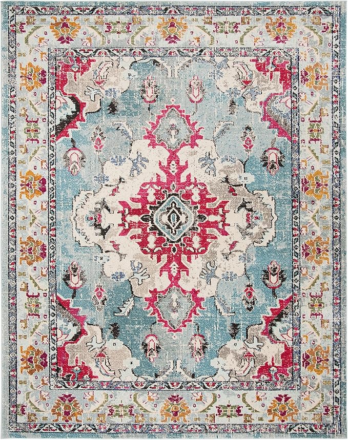 SAFAVIEH Monaco Collection Area Rug - 8' x 10', Light Blue & Fuchsia, Boho Chic Medallion Distressed Design, Non-Shedding & Easy Care, Ideal for High Traffic Areas in Living Room, Bedroom (MNC243J)
