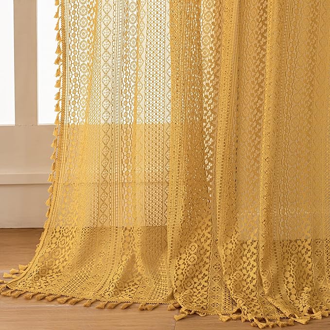 WAZZIO Boho Lace Curtains 108 Inches 2 Panel, Light Filtering Privacy Tassel & - Image 5