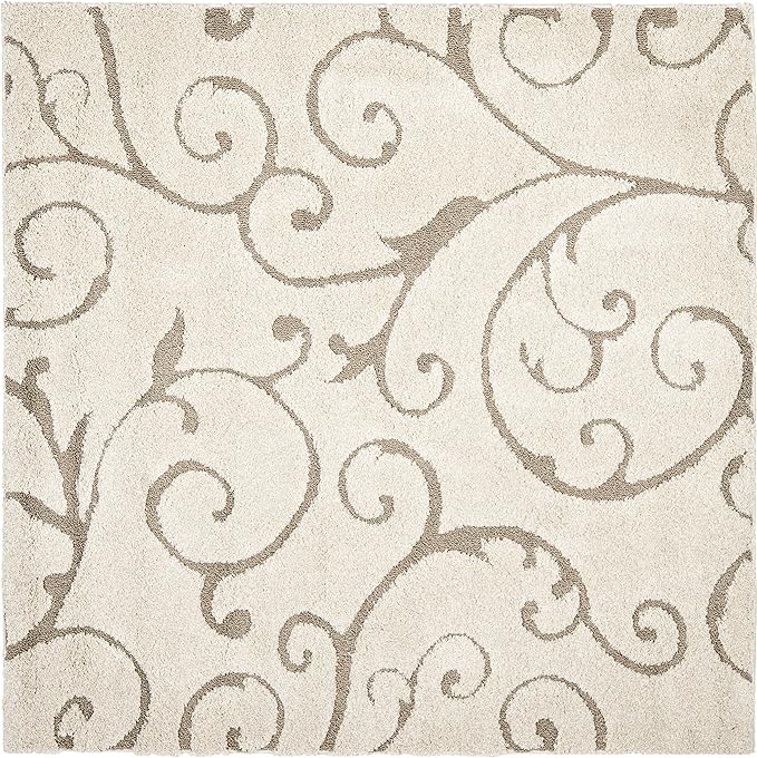 SAFAVIEH Florida Shag Collection Area Rug - 3'3" Square, Cream & Beige, Scroll Design, Non-Shedding & Easy Care, 1.2-inch Thick Ideal for High Traffic Areas in Living Room, Bedroom (SG455-1113)