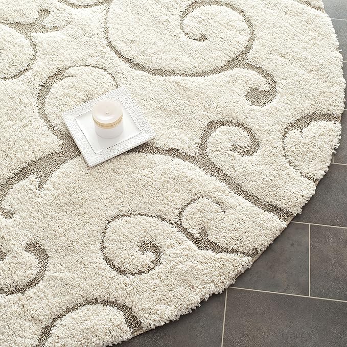 SAFAVIEH Florida Shag Collection Area Rug - 8' Round, Cream & Beige, Scroll Design, Non-Shedding & Easy Care, 1.2-inch Thick Ideal for High Traffic Areas in Living Room, Bedroom (SG455-1113)