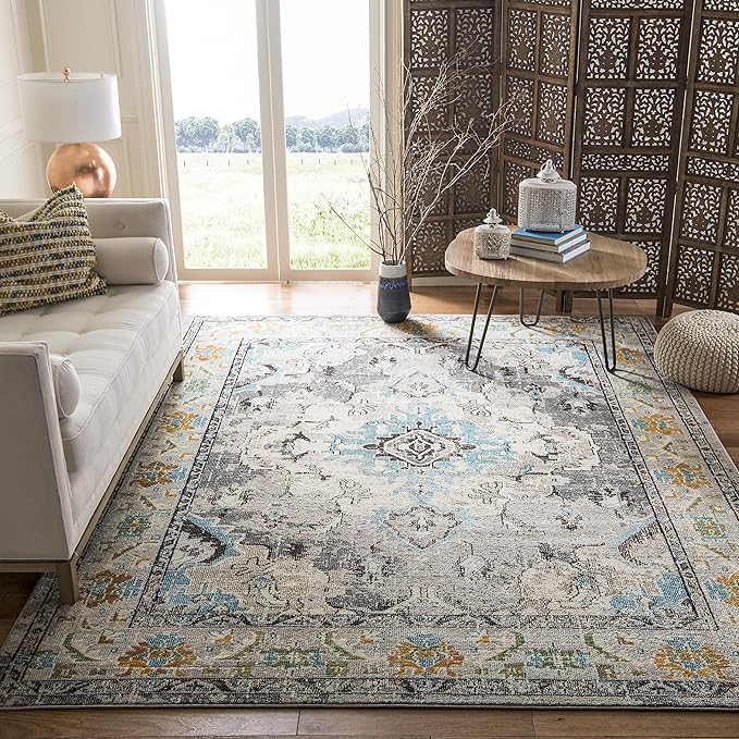SAFAVIEH Monaco Collection Area Rug - 8' x 10', Grey & Light Blue, Boho Chic Medallion Distressed Design, Non-Shedding & Easy Care, Ideal for High Traffic Areas in Living Room, Bedroom (MNC243G)