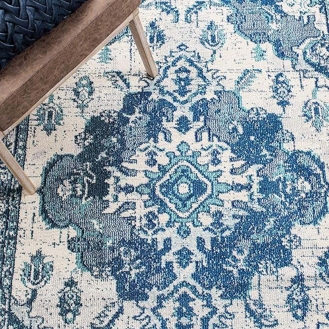 SAFAVIEH Monaco Collection MNC243A Boho Chic Medallion Distressed Non-Shedding Living Room Bedroom Accent Area Rug, 3' x 5', Ivory / Blue
