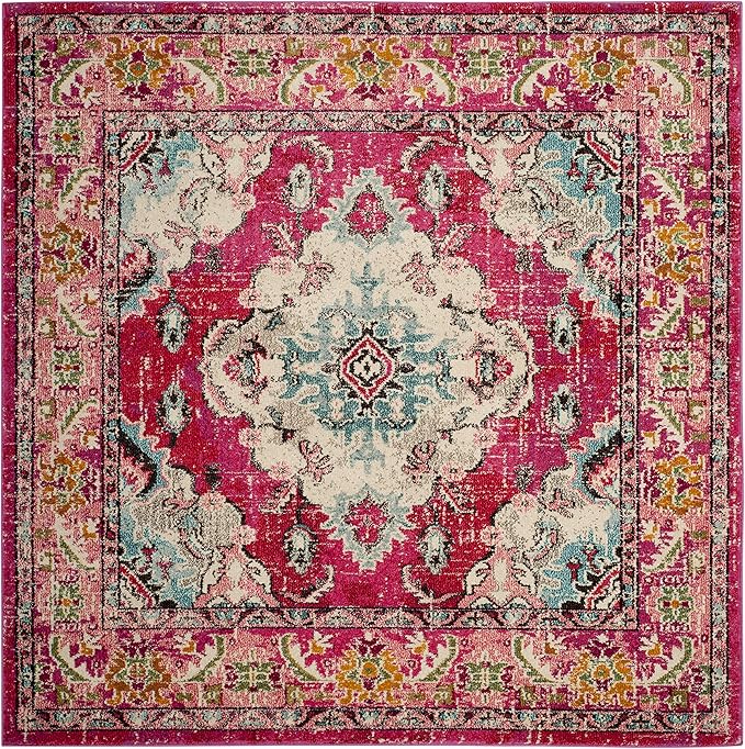 SAFAVIEH Monaco Collection Area Rug - 3' Square, Pink & Multi, Boho Chic Medallion Distressed Design, Non-Shedding & Easy Care, Ideal for High Traffic Areas in Living Room, Bedroom (MNC243D)