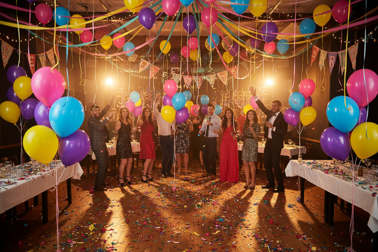 real photo of party with colorful decorations